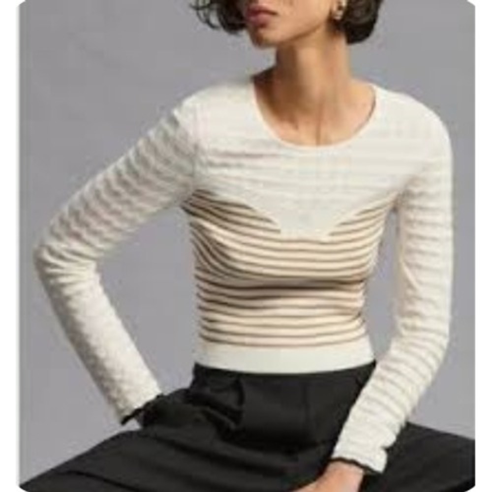 Maeve Anthropologie Sweater XL White Brown Striped Knit Long Sleeve Top